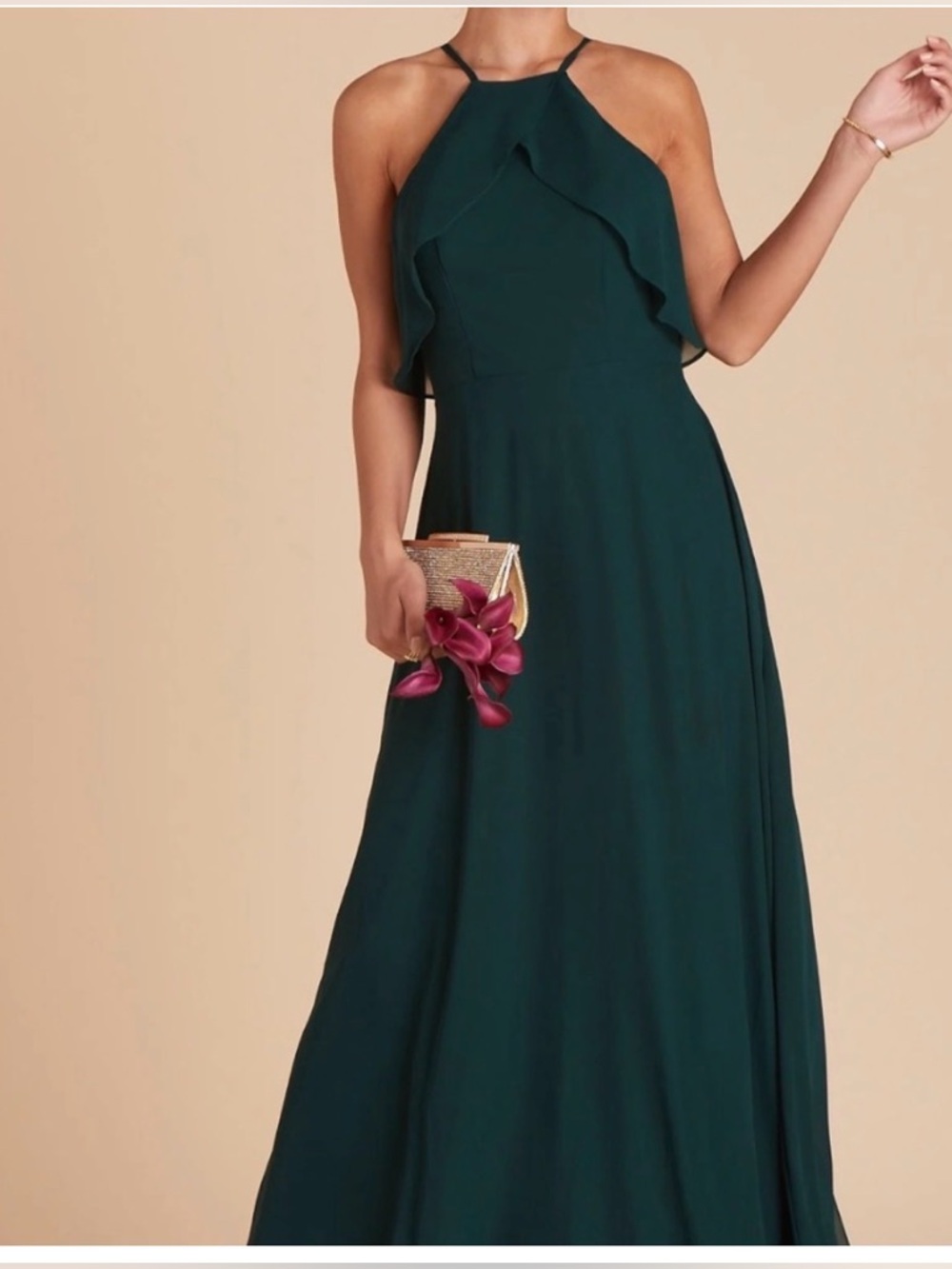 Birdy Grey Jules Dress Emerald Green Chiffon Ruffle Halter Bridesmaid Maxi Sz M